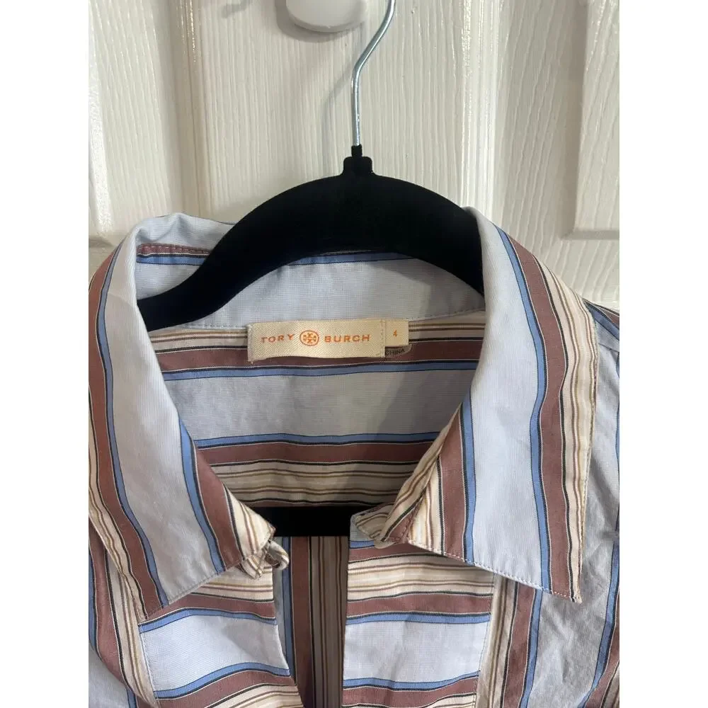 Tory Burch Cotton Poplin Striped Short Sleeve Blouse Shirt Collared V Neck Sz 4
